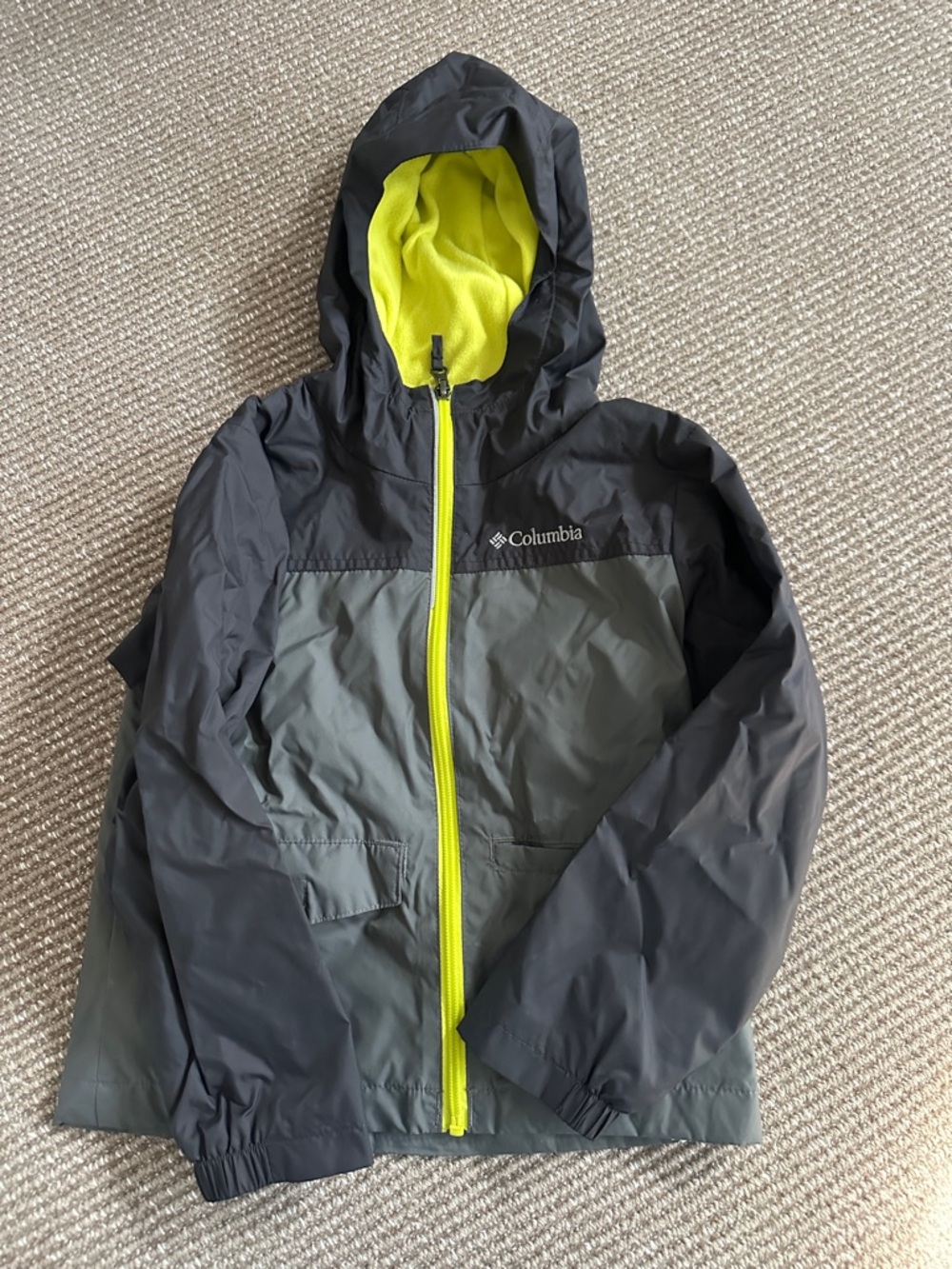 Columbia Black & Gray Hooded Jacket with Lime Zipper